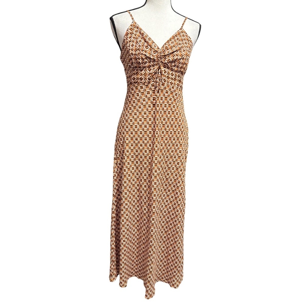 Faithfull the Brand Ruched Bust Brown Orange Midi Dress Geometric Print Sz 6 - Picture 3 of 9